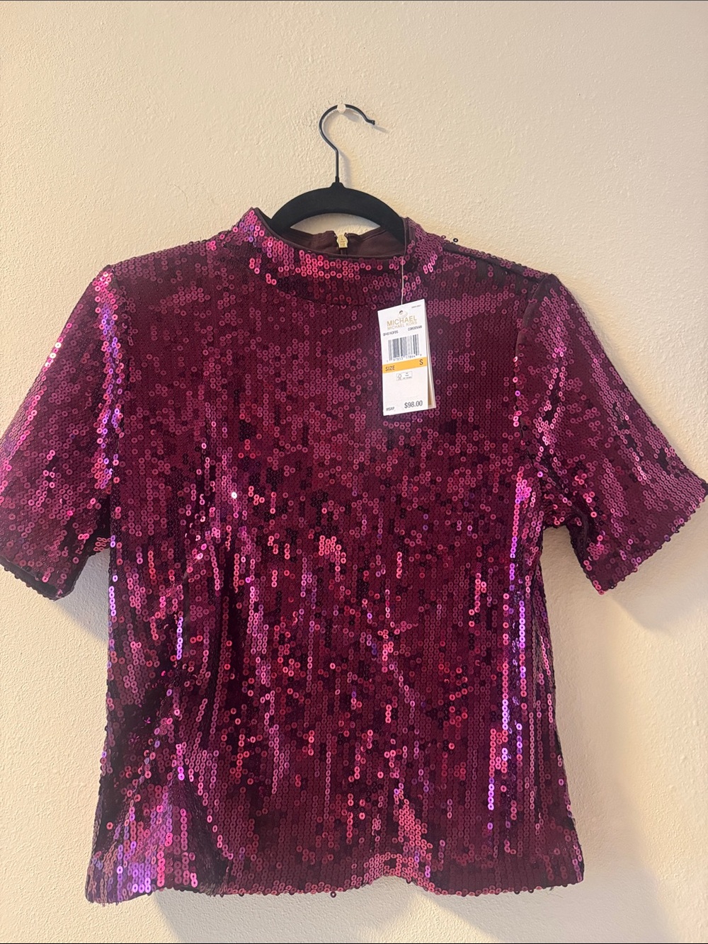Michael Kors Fuchsia Sequin Mock Neck Short Sleeve Top